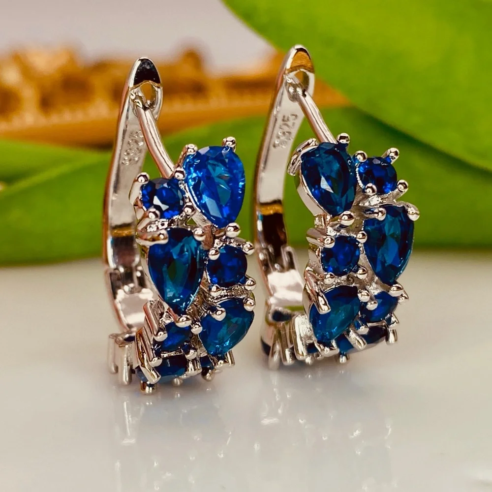 Gorgeous Royal Blue Diamond CZ Hoop Earrings in Sterling Silver - Picture 3 of 9